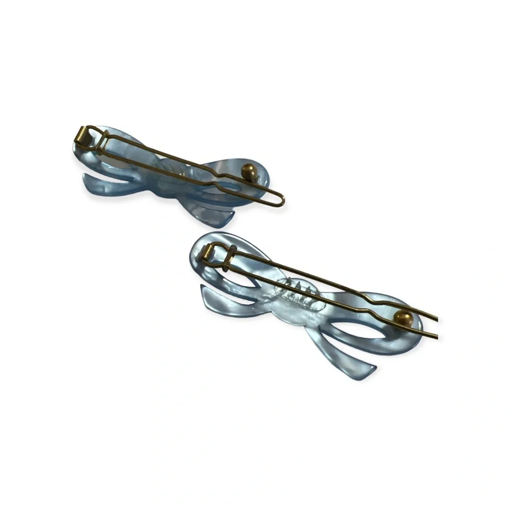 Vintage French Bow Barrettes in Pearlescant Baby Blue, Pair, Deadstock‎